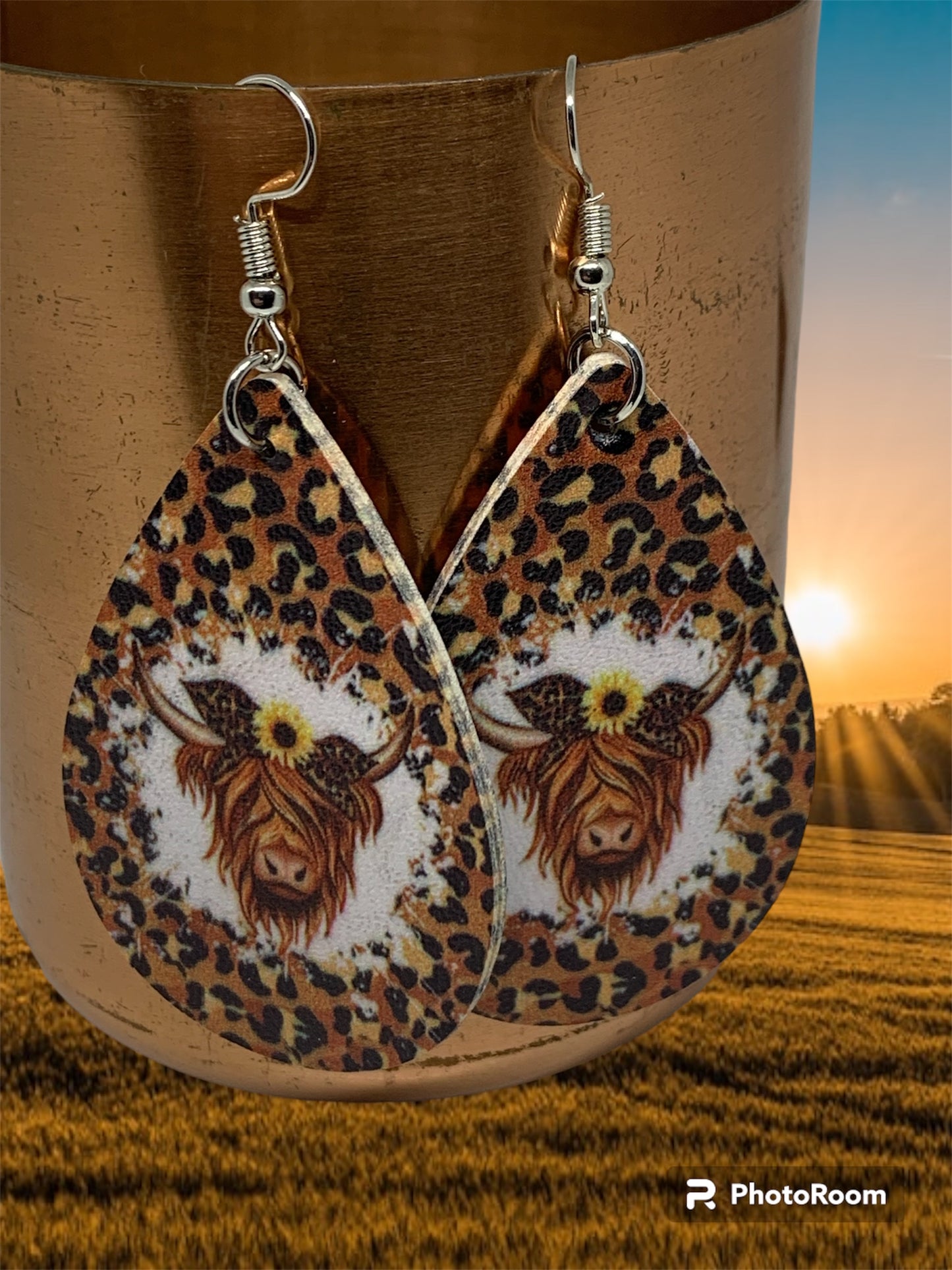 Cow Sunflower Teardrop Earrings