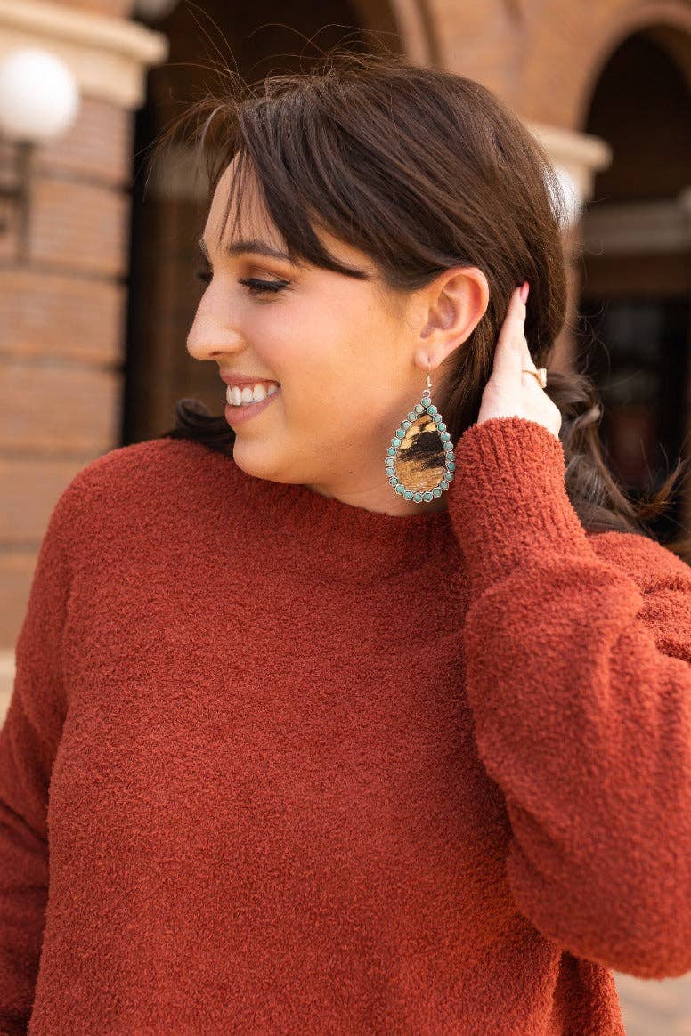 Desert Dreams: Cowhide and Turquoise Crystal Teardrop Earrings