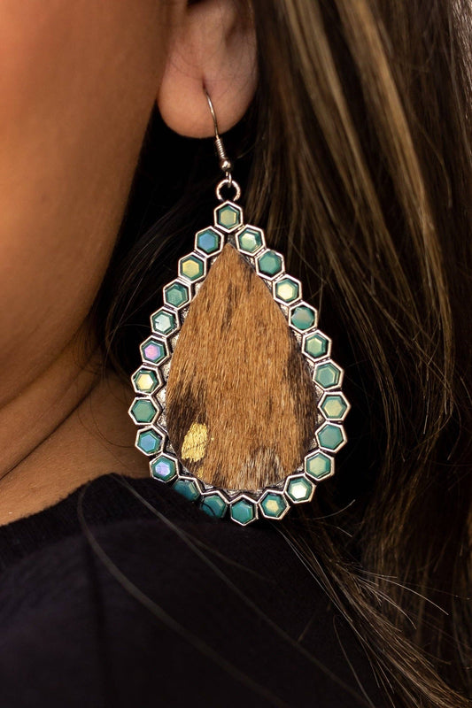Desert Dreams: Cowhide and Turquoise Crystal Teardrop Earrings