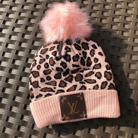 Pink Leapoard Beanie with Pom Pom