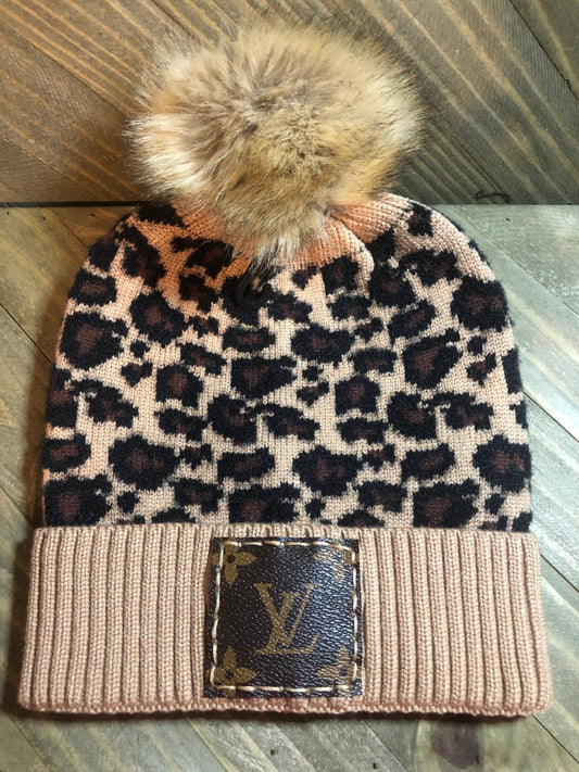 Tan Leopard Print Beanie with Pom Pom