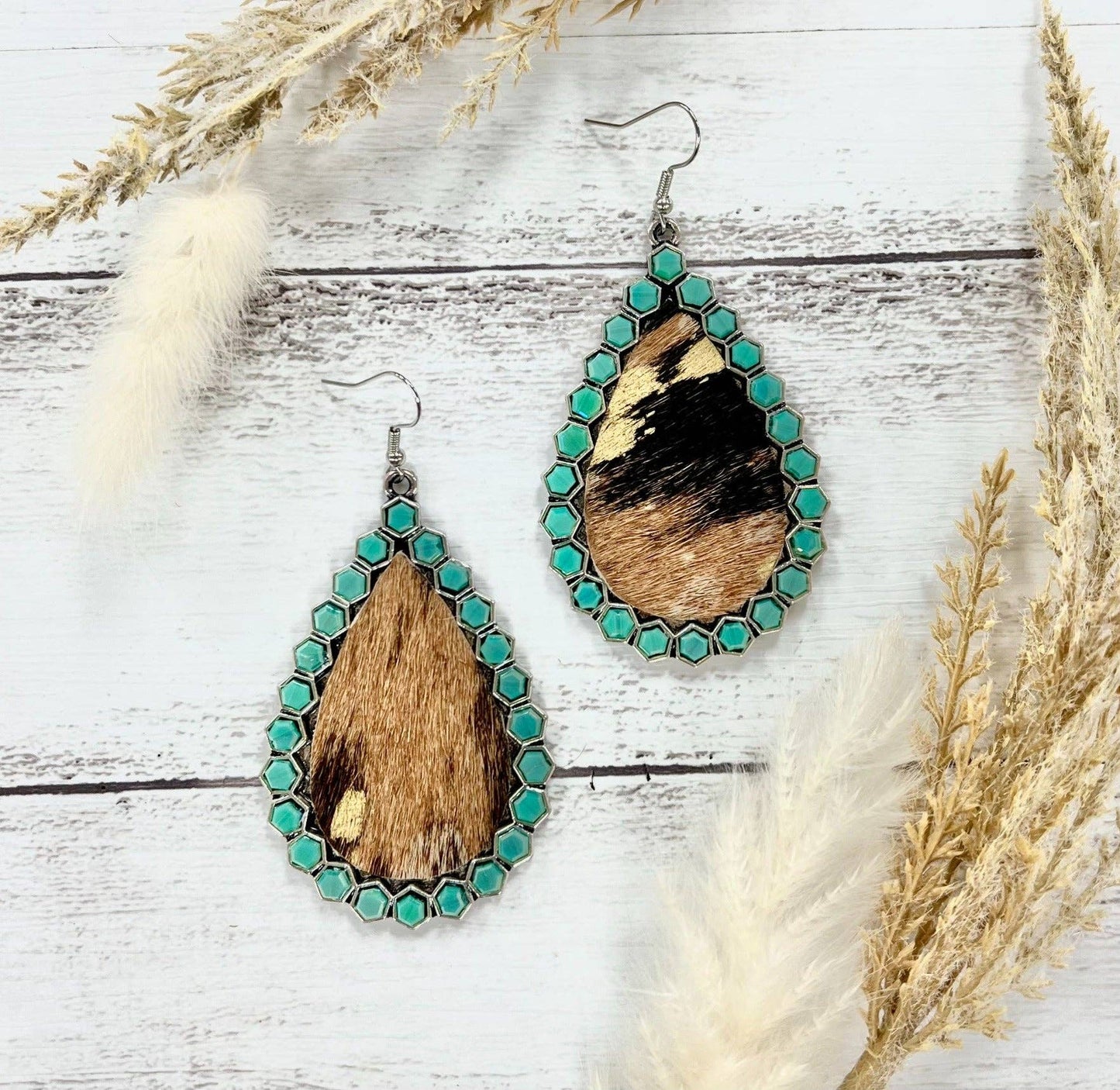 Desert Dreams: Cowhide and Turquoise Crystal Teardrop Earrings